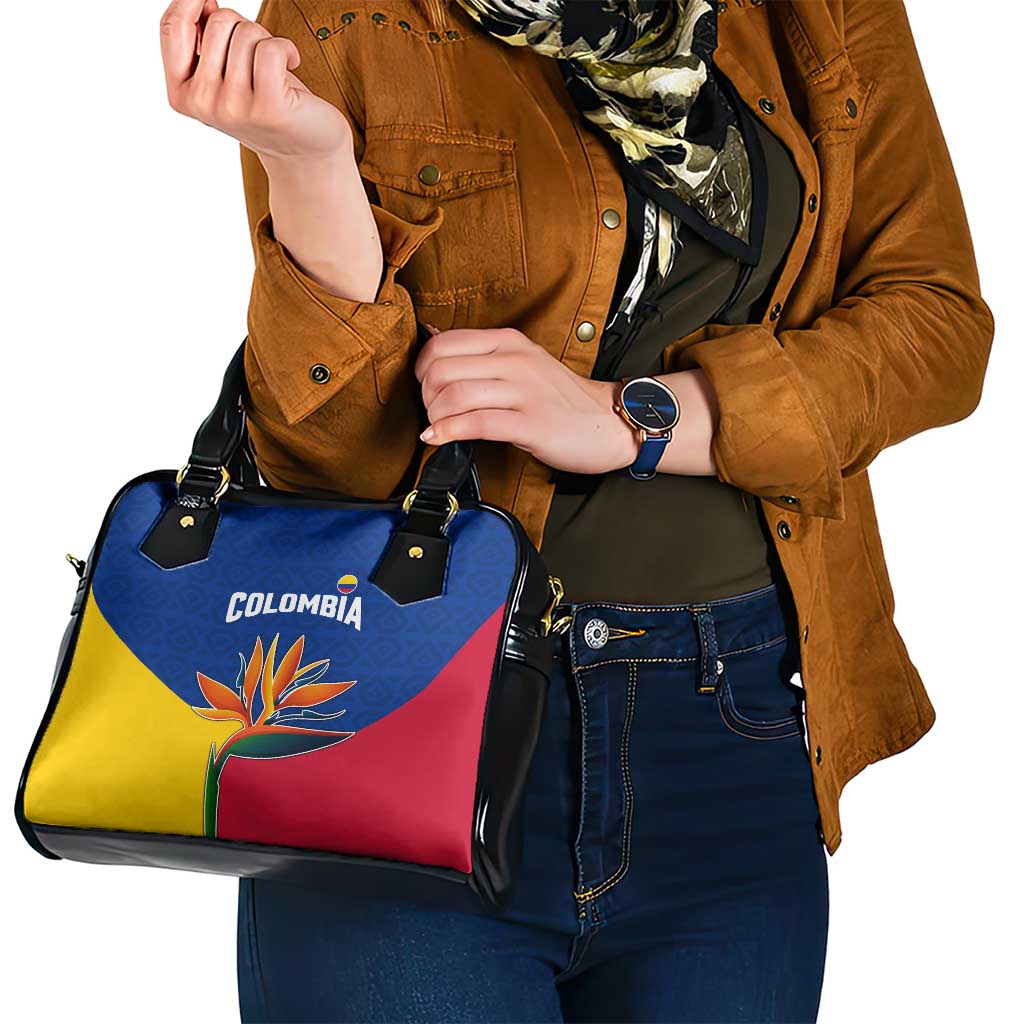 Colombia Heliconia Flower Shoulder Handbag with Flag Colors and Blue Cultural Pattern Design TS04