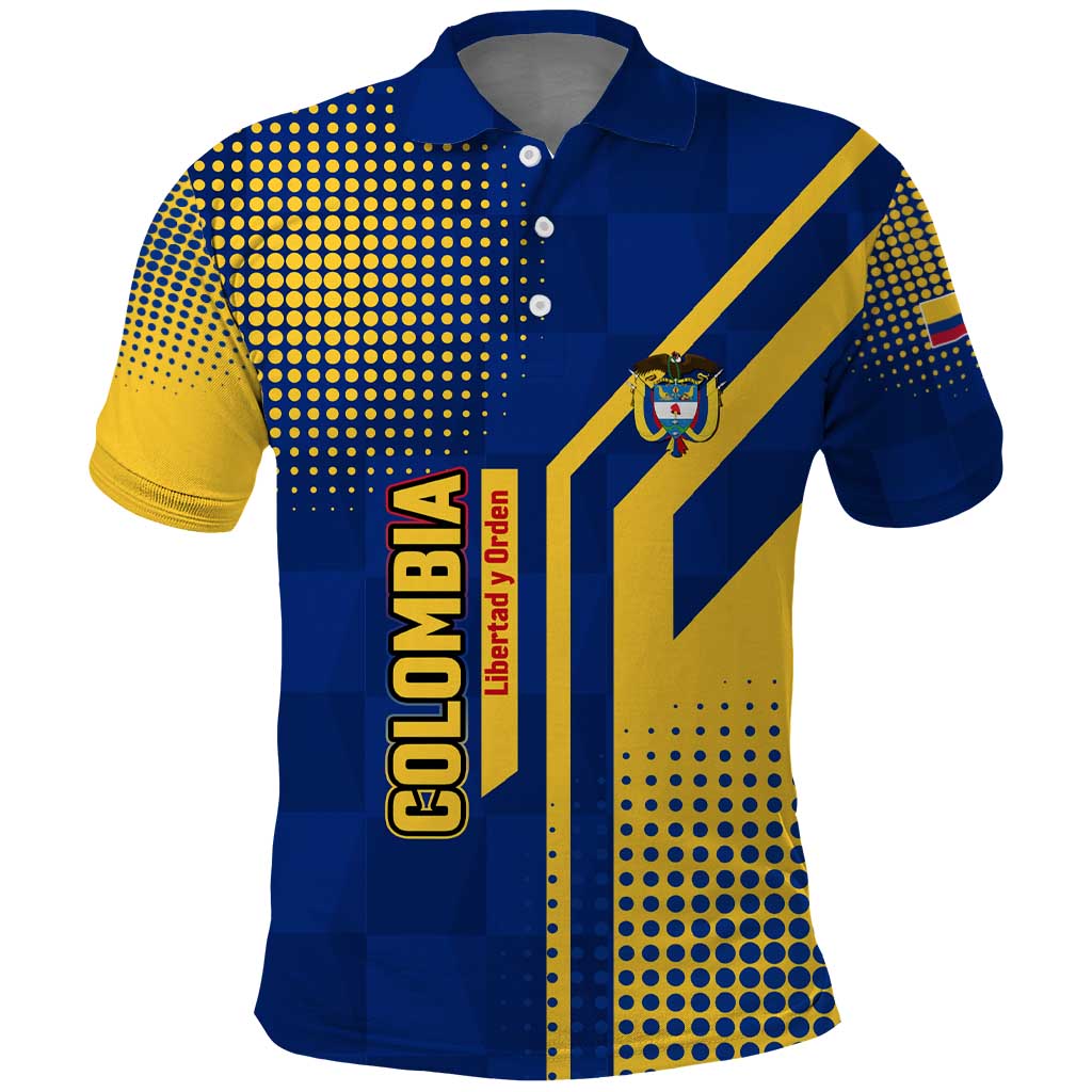 Colombia Flag Colors Polo Shirt with National Crest and Libertad y Orden Motto Design TS04