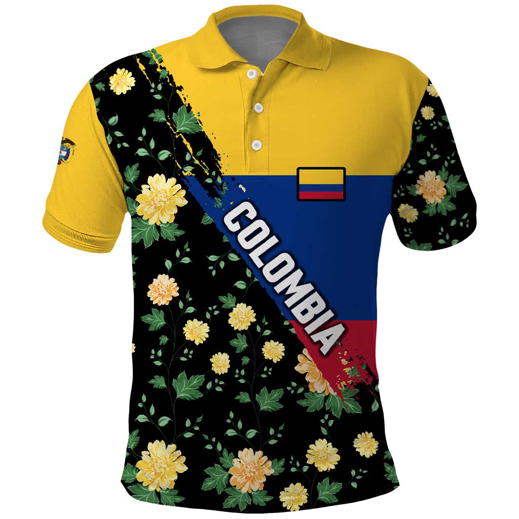 Colombia Yellow Flower Pattern Polo Shirt with Flag Colors and Floree de Libertad Design TS04