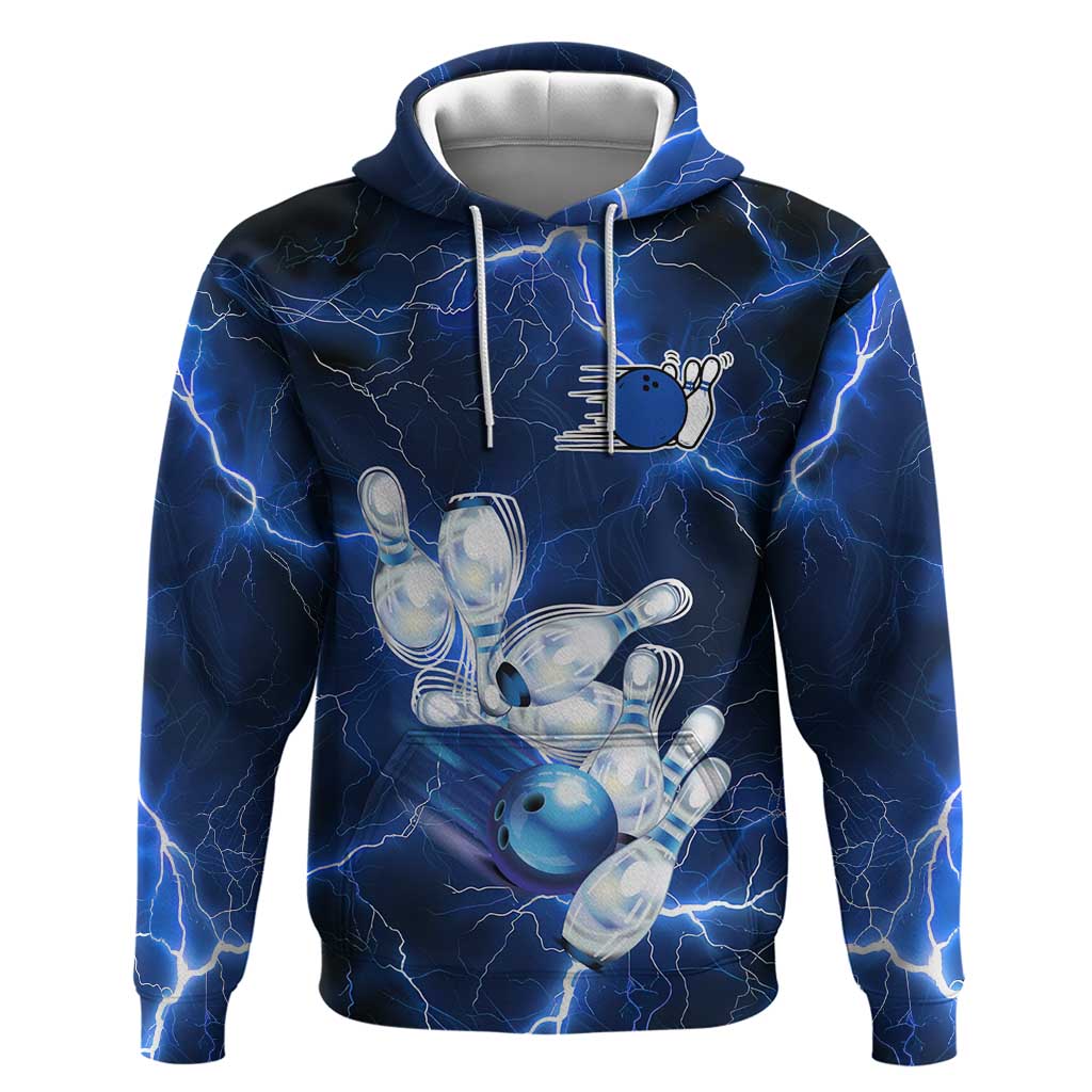 Blue Lightning Bowling Hoodie with Striking Ball and Pins Graphic and Custom Name Design TS04