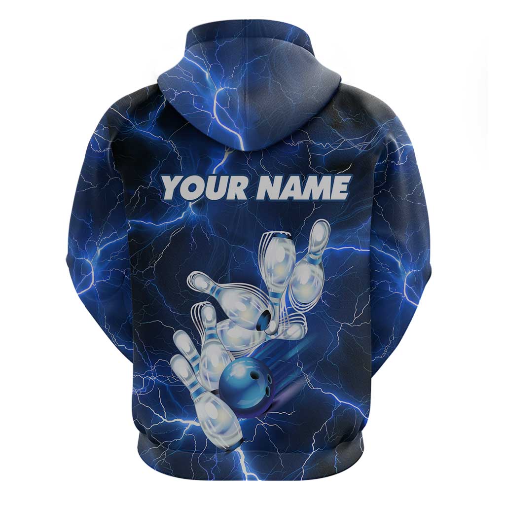 Blue Lightning Bowling Hoodie with Striking Ball and Pins Graphic and Custom Name Design TS04