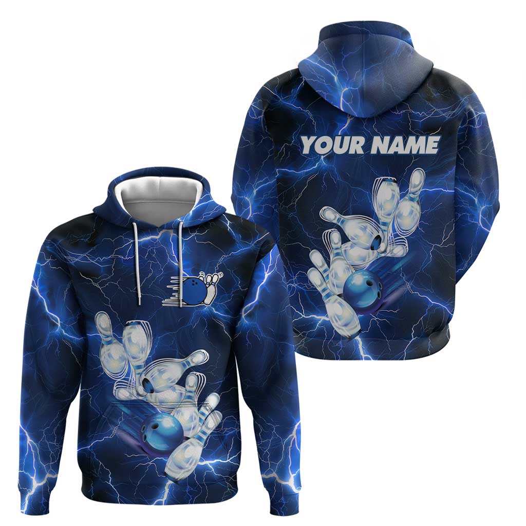 Blue Lightning Bowling Hoodie with Striking Ball and Pins Graphic and Custom Name Design TS04