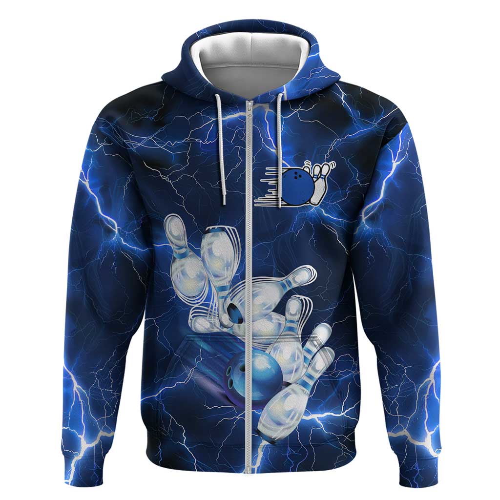 Blue Lightning Bowling Hoodie with Striking Ball and Pins Graphic and Custom Name Design TS04