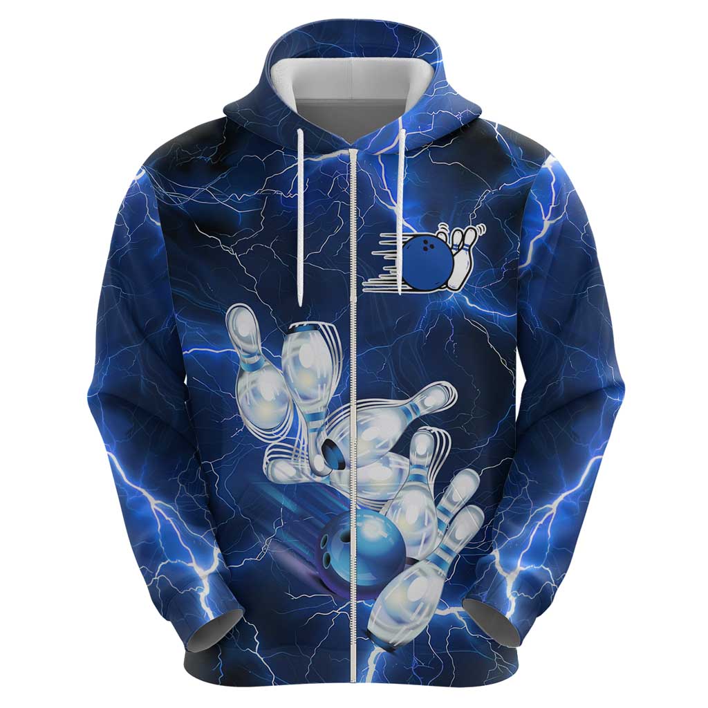 Blue Lightning Bowling Hoodie with Striking Ball and Pins Graphic and Custom Name Design TS04