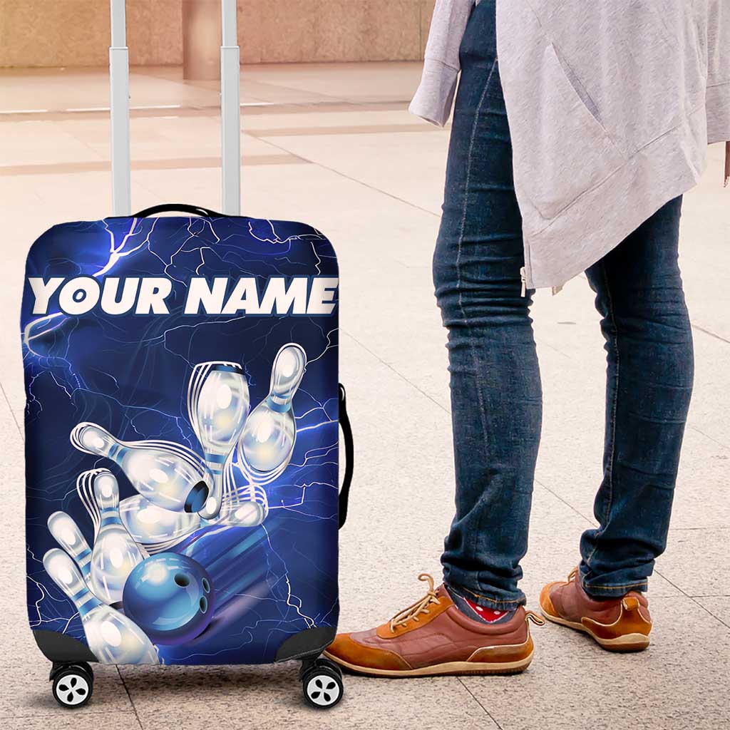 Blue Lightning Bowling Luggage Cover with Striking Ball and Pins Graphic and Custom Name Design TS04