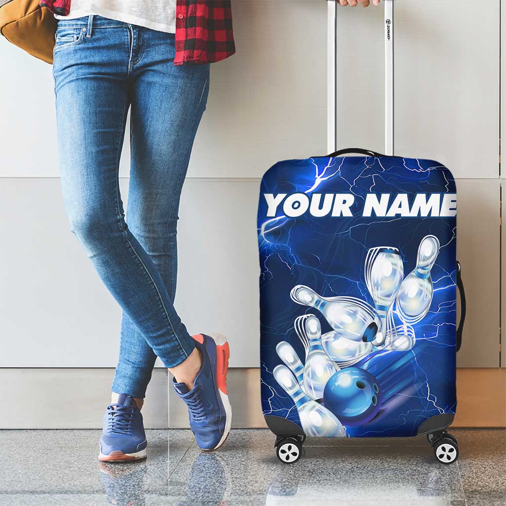 Blue Lightning Bowling Luggage Cover with Striking Ball and Pins Graphic and Custom Name Design TS04