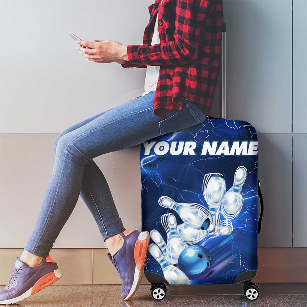 Blue Lightning Bowling Luggage Cover with Striking Ball and Pins Graphic and Custom Name Design TS04
