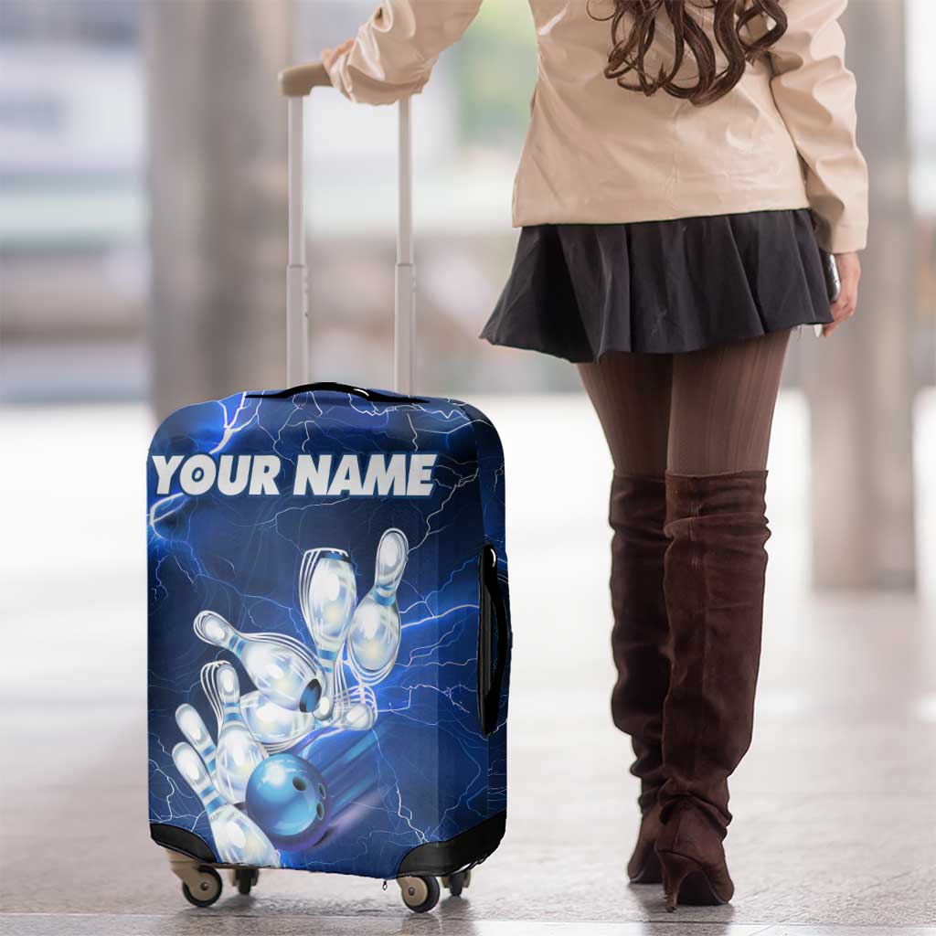 Blue Lightning Bowling Luggage Cover with Striking Ball and Pins Graphic and Custom Name Design TS04