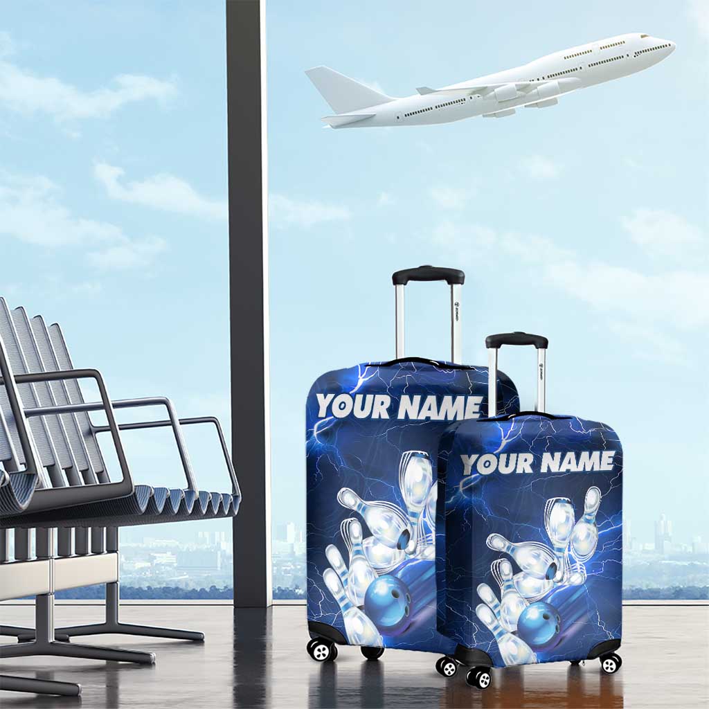 Blue Lightning Bowling Luggage Cover with Striking Ball and Pins Graphic and Custom Name Design TS04