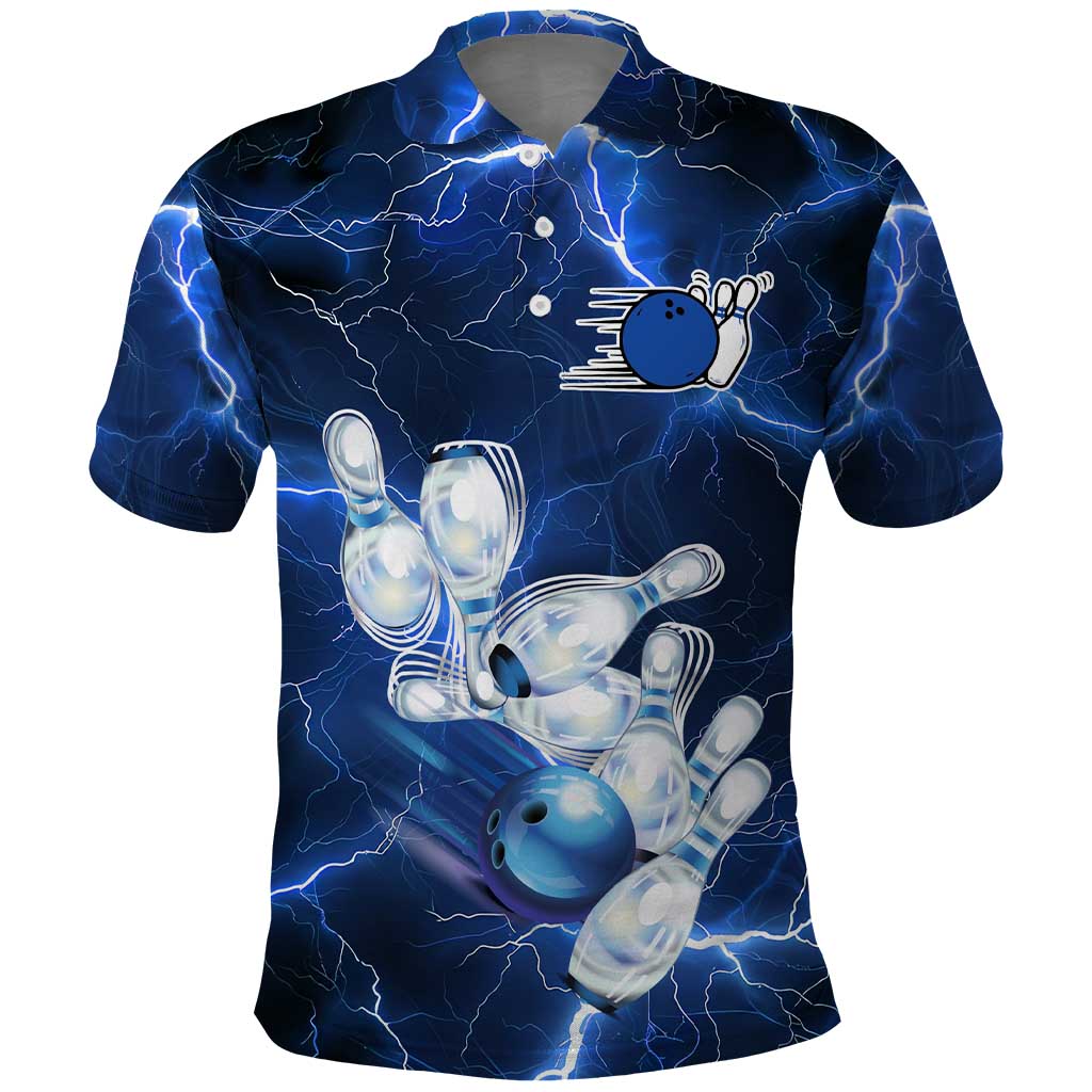 Blue Lightning Bowling Polo Shirt with Striking Ball and Pins Graphic and Custom Name Design TS04