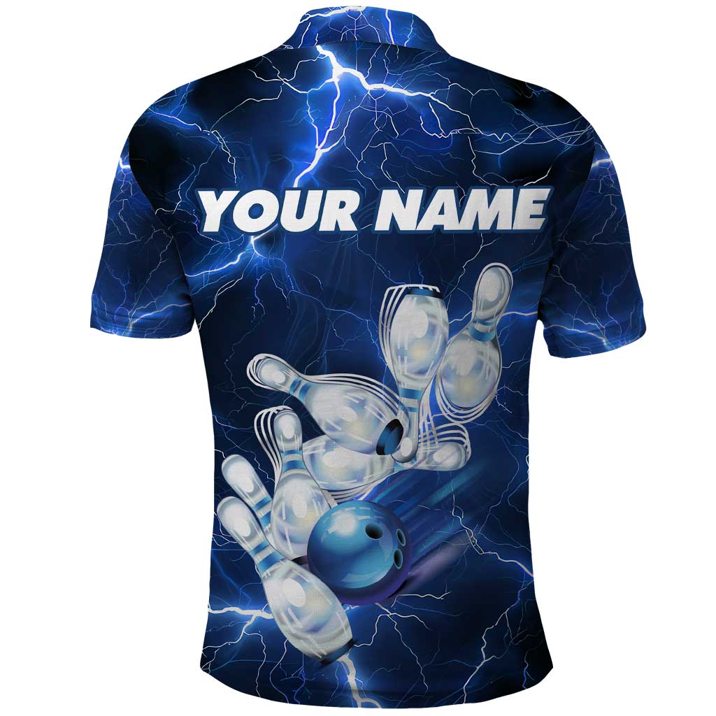 Blue Lightning Bowling Polo Shirt with Striking Ball and Pins Graphic and Custom Name Design TS04