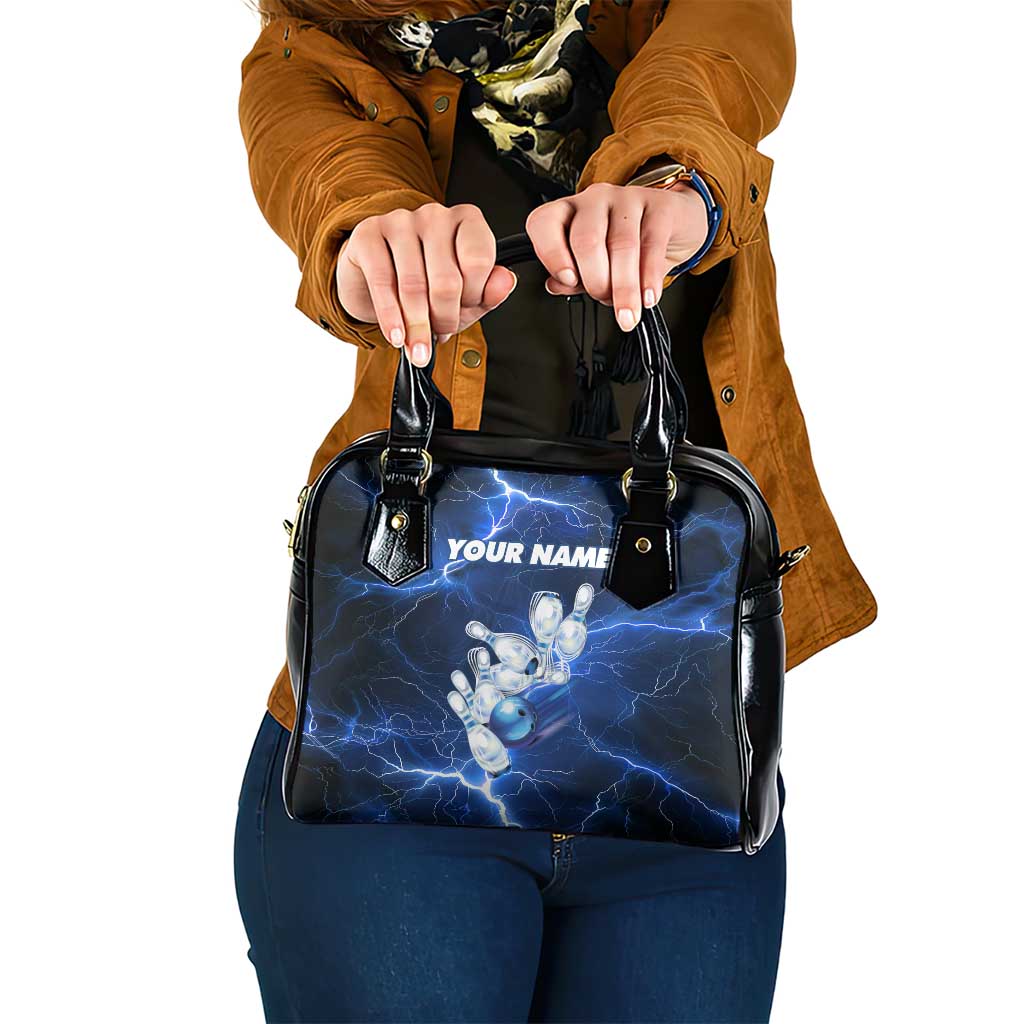 Blue Lightning Bowling Shoulder Handbag with Striking Ball and Pins Graphic and Custom Name Design TS04