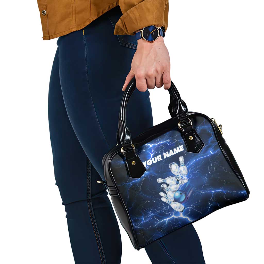Blue Lightning Bowling Shoulder Handbag with Striking Ball and Pins Graphic and Custom Name Design TS04