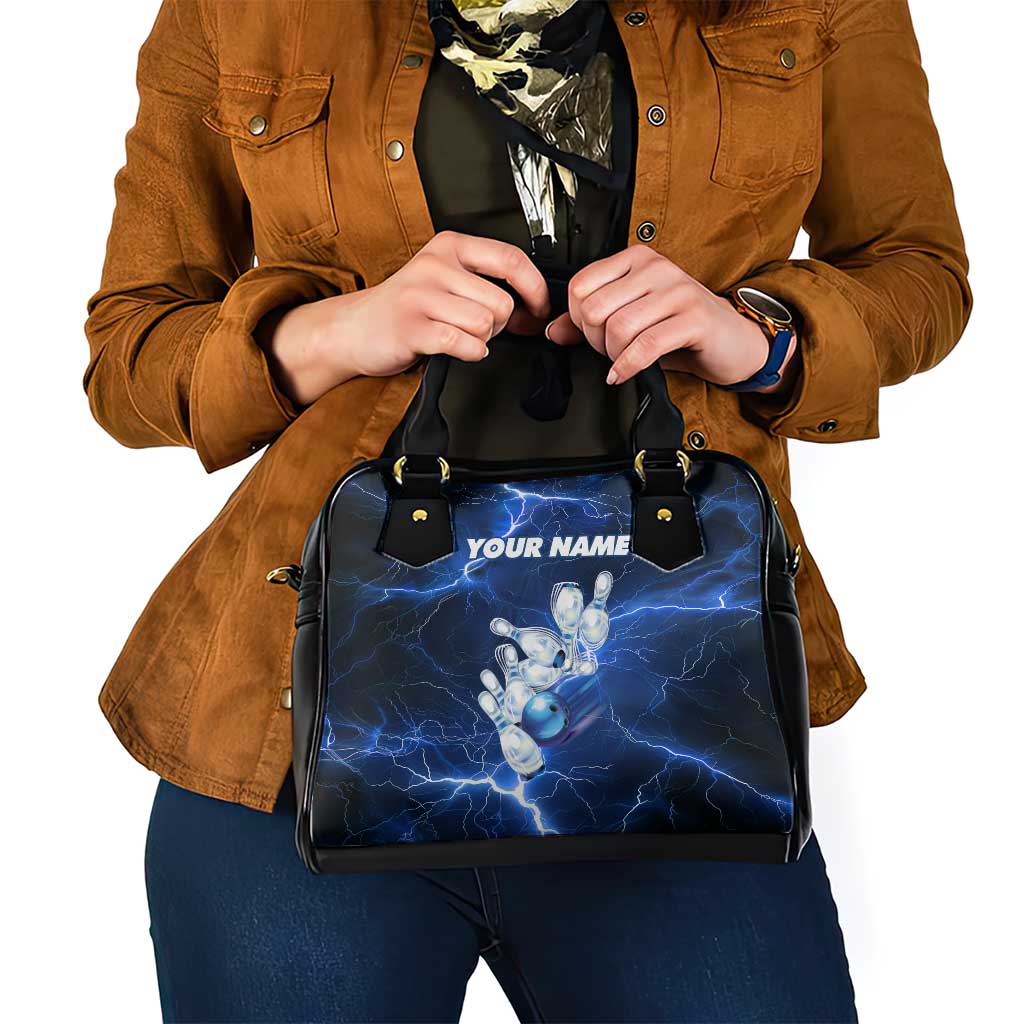 Blue Lightning Bowling Shoulder Handbag with Striking Ball and Pins Graphic and Custom Name Design TS04