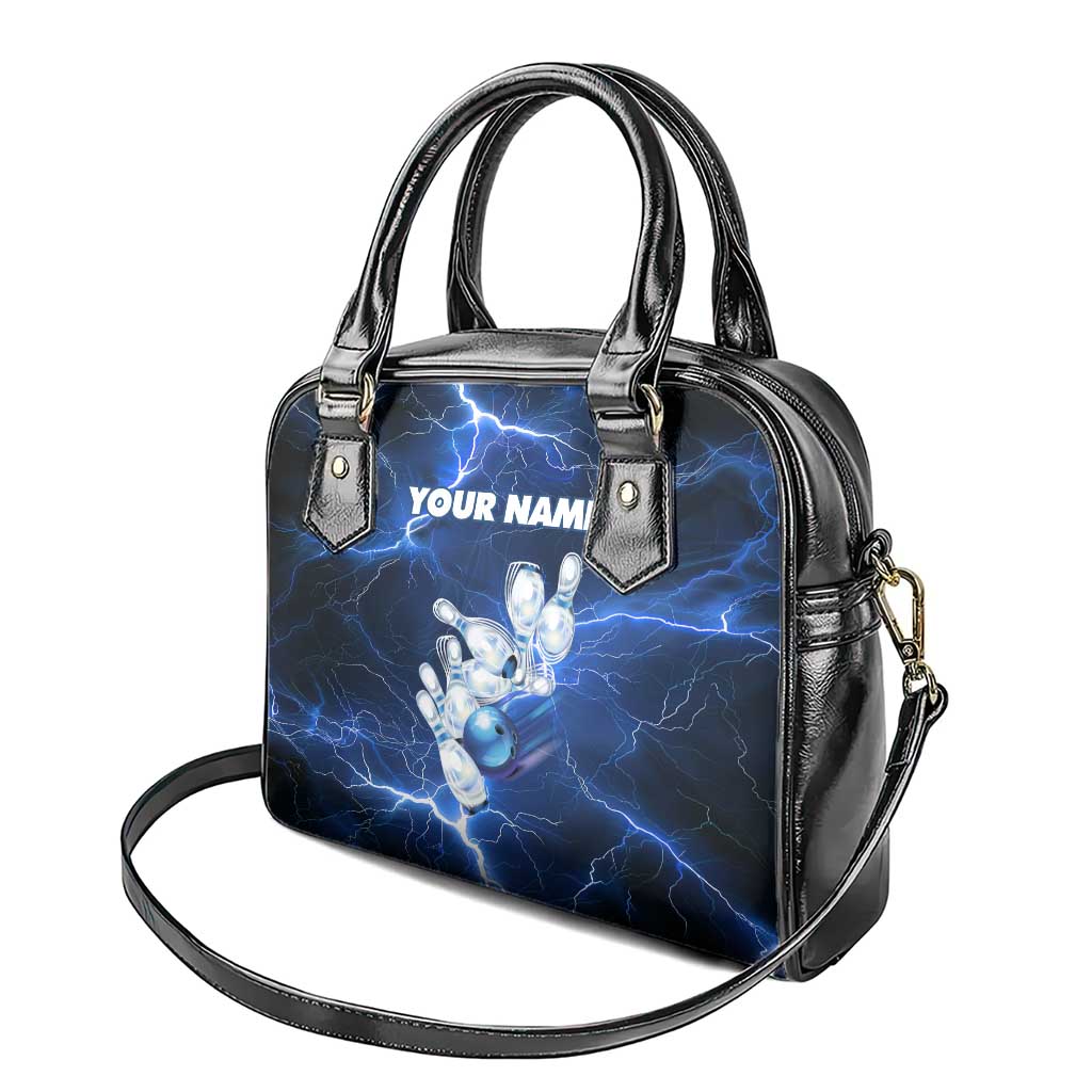 Blue Lightning Bowling Shoulder Handbag with Striking Ball and Pins Graphic and Custom Name Design TS04