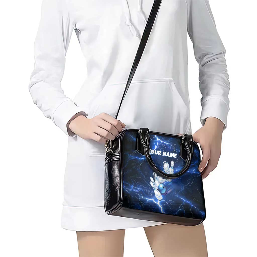 Blue Lightning Bowling Shoulder Handbag with Striking Ball and Pins Graphic and Custom Name Design TS04