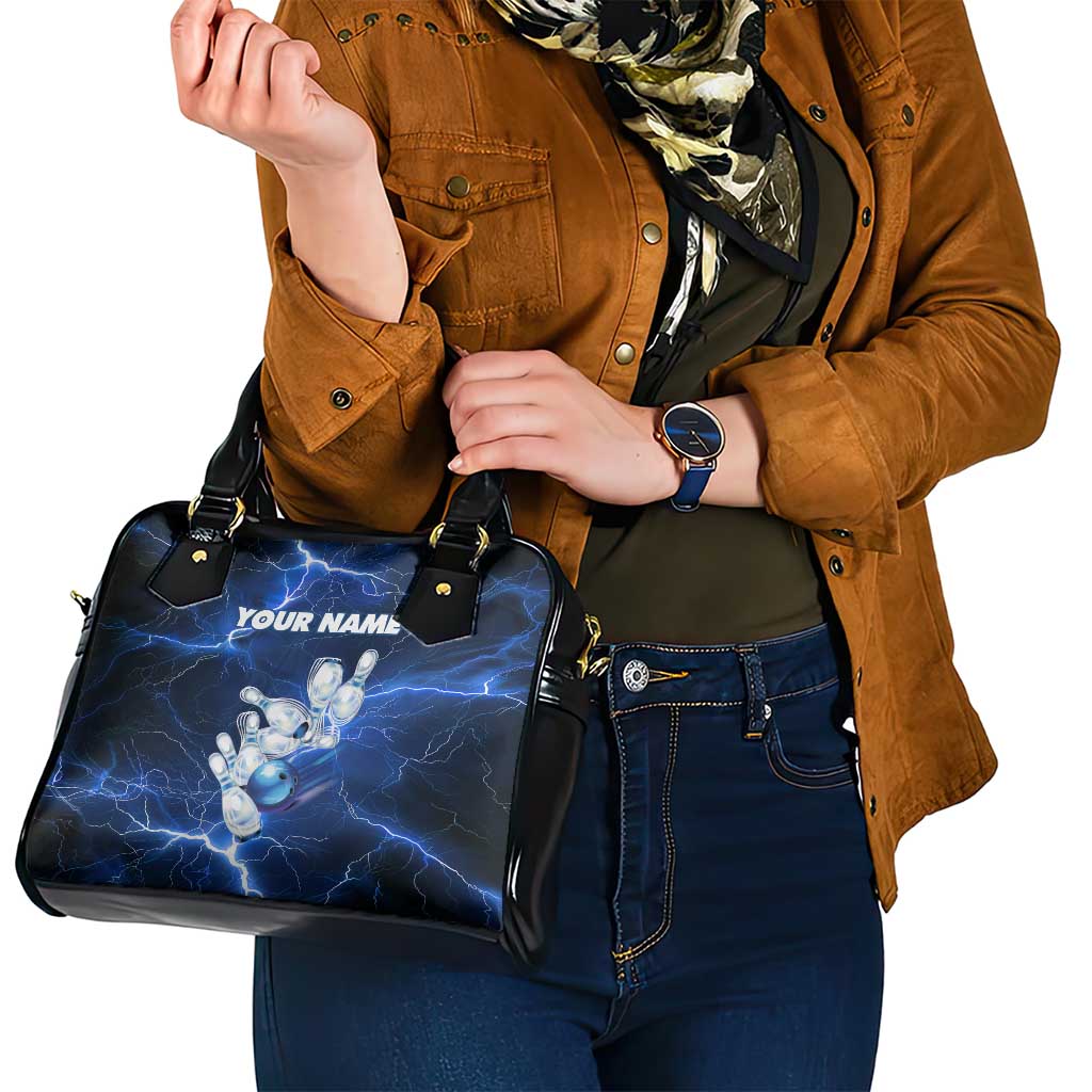 Blue Lightning Bowling Shoulder Handbag with Striking Ball and Pins Graphic and Custom Name Design TS04