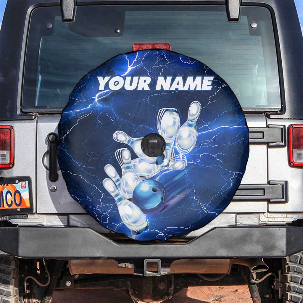 Blue Lightning Bowling Spare Tire Cover with Striking Ball and Pins Graphic and Custom Name Design TS04