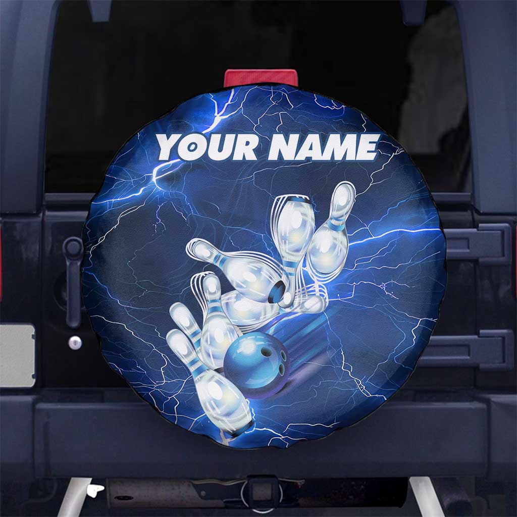 Blue Lightning Bowling Spare Tire Cover with Striking Ball and Pins Graphic and Custom Name Design TS04