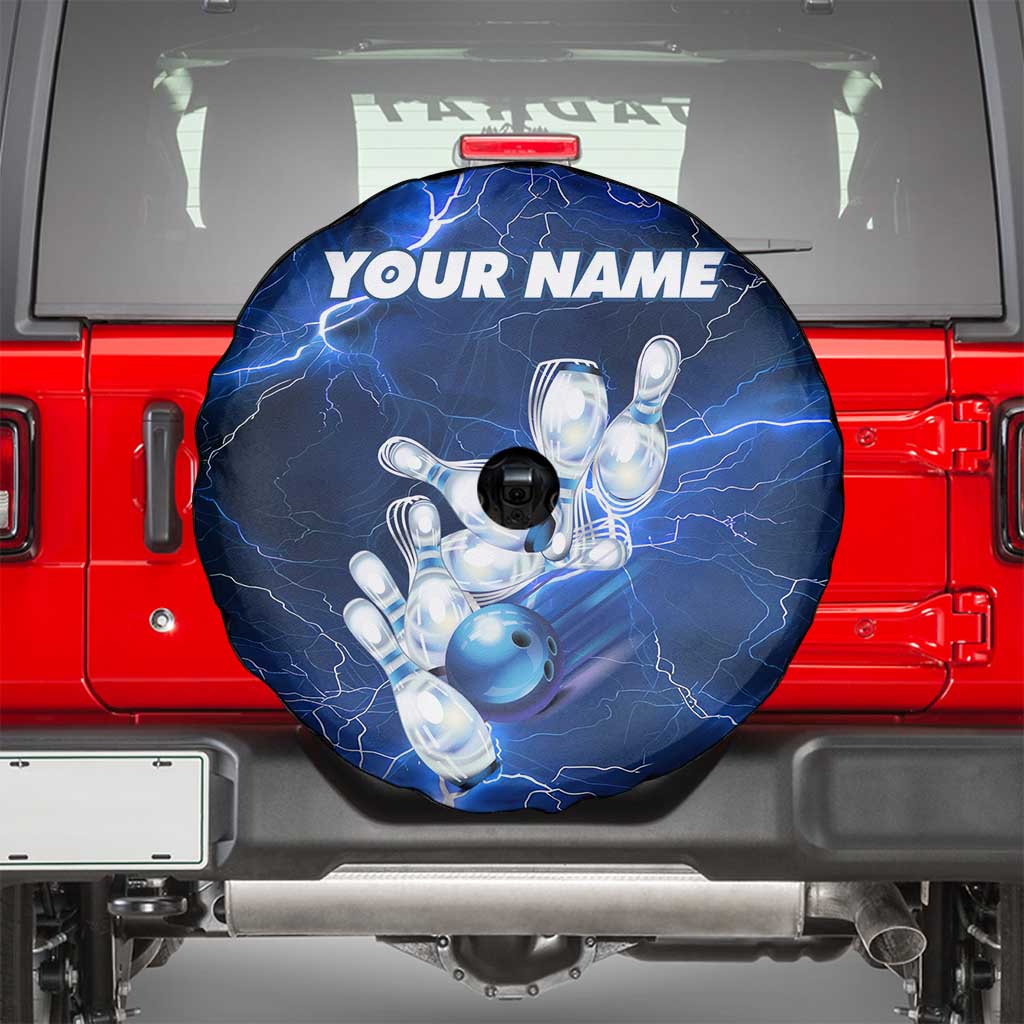 Blue Lightning Bowling Spare Tire Cover with Striking Ball and Pins Graphic and Custom Name Design TS04