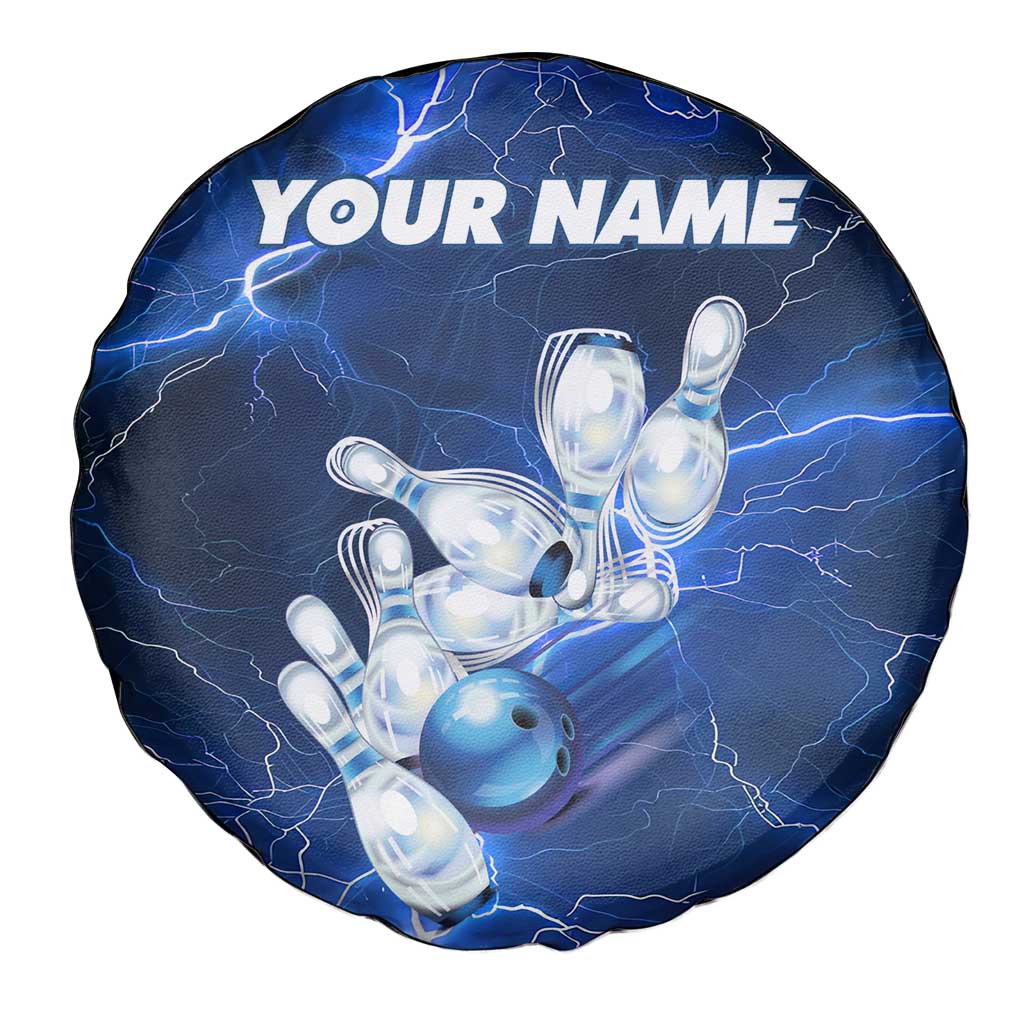 Blue Lightning Bowling Spare Tire Cover with Striking Ball and Pins Graphic and Custom Name Design TS04