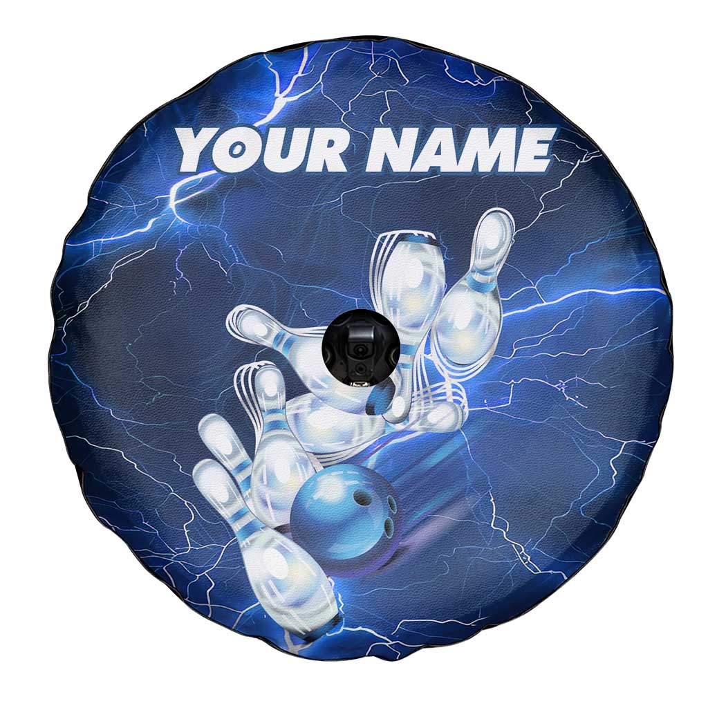 Blue Lightning Bowling Spare Tire Cover with Striking Ball and Pins Graphic and Custom Name Design TS04