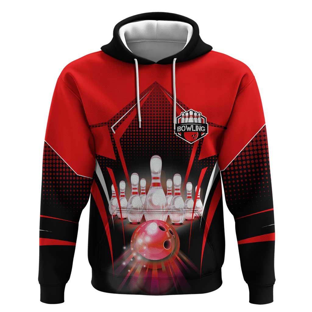Red Bowling Strike Graphic Hoodie with Pins and Ball and Custom Name Design TS04