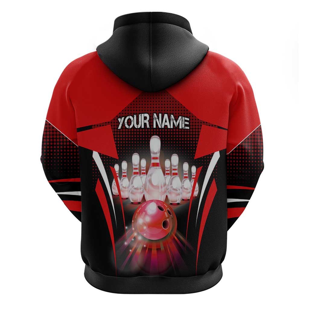 Red Bowling Strike Graphic Hoodie with Pins and Ball and Custom Name Design TS04
