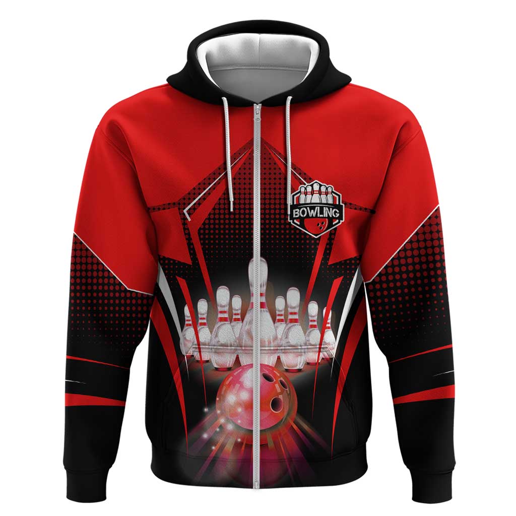 Red Bowling Strike Graphic Hoodie with Pins and Ball and Custom Name Design TS04