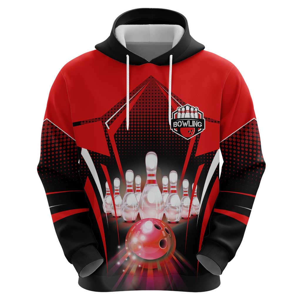 Red Bowling Strike Graphic Hoodie with Pins and Ball and Custom Name Design TS04
