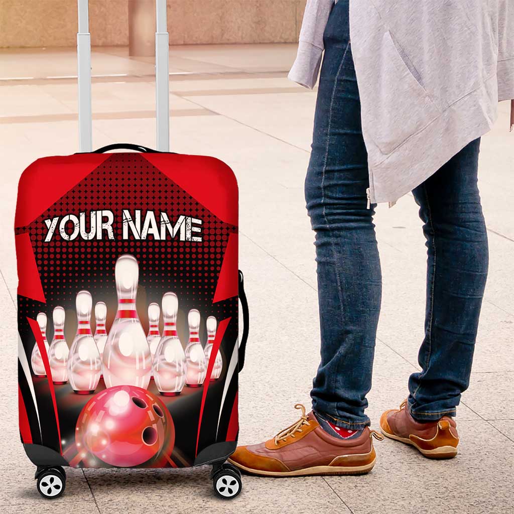 Red Bowling Strike Graphic Luggage Cover with Pins and Ball and Custom Name Design TS04