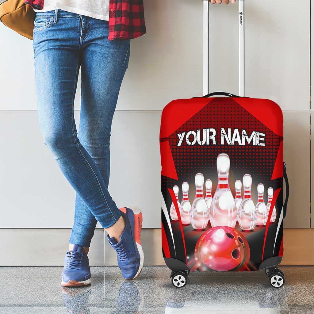 Red Bowling Strike Graphic Luggage Cover with Pins and Ball and Custom Name Design TS04