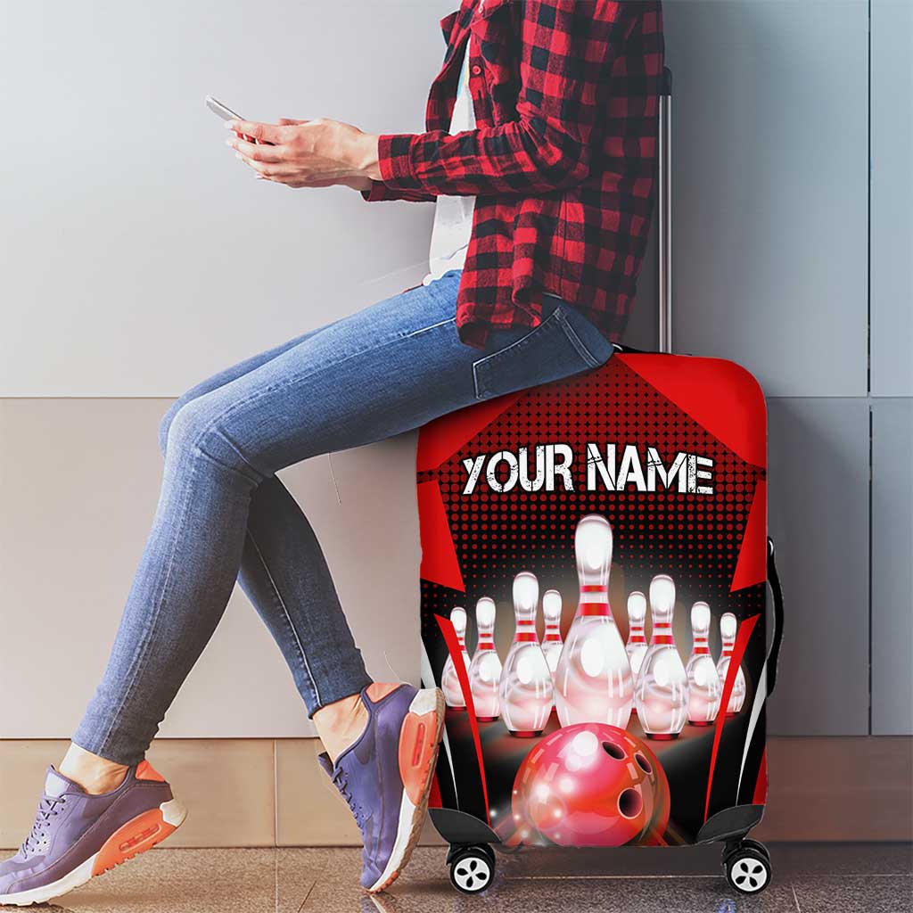 Red Bowling Strike Graphic Luggage Cover with Pins and Ball and Custom Name Design TS04