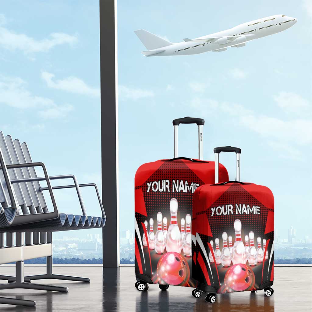 Red Bowling Strike Graphic Luggage Cover with Pins and Ball and Custom Name Design TS04