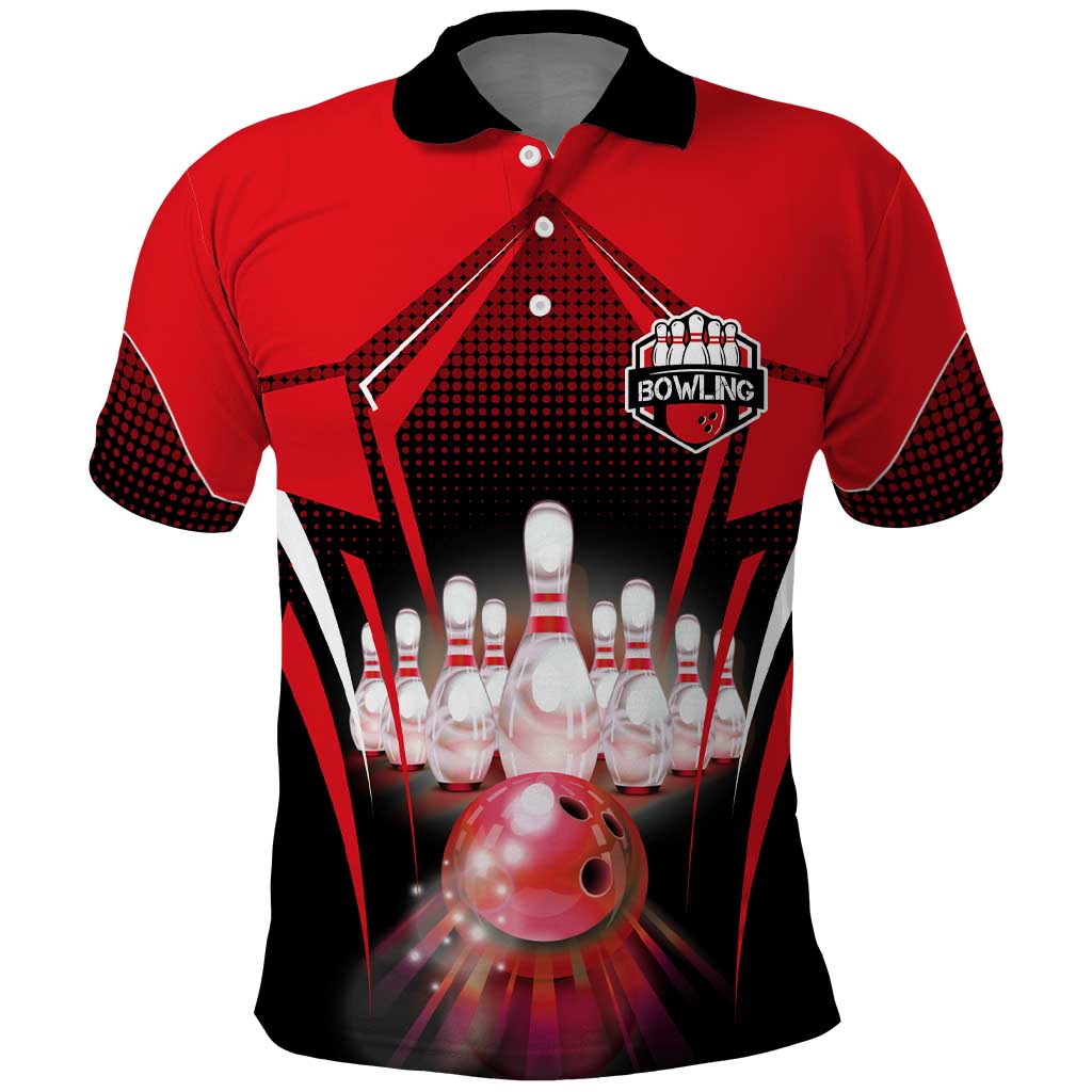 Red Bowling Strike Graphic Polo Shirt with Pins and Ball and Custom Name Design TS04
