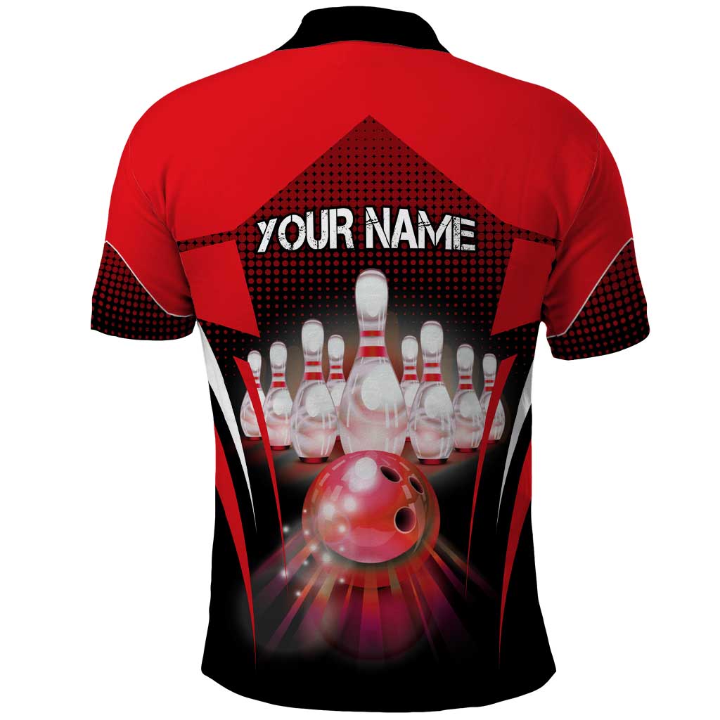 Red Bowling Strike Graphic Polo Shirt with Pins and Ball and Custom Name Design TS04