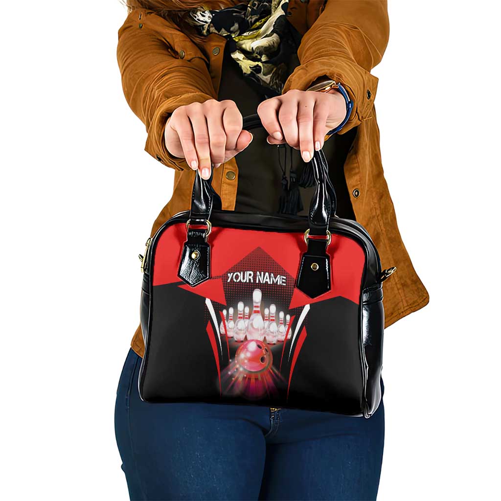 Red Bowling Strike Graphic Shoulder Handbag with Pins and Ball and Custom Name Design TS04