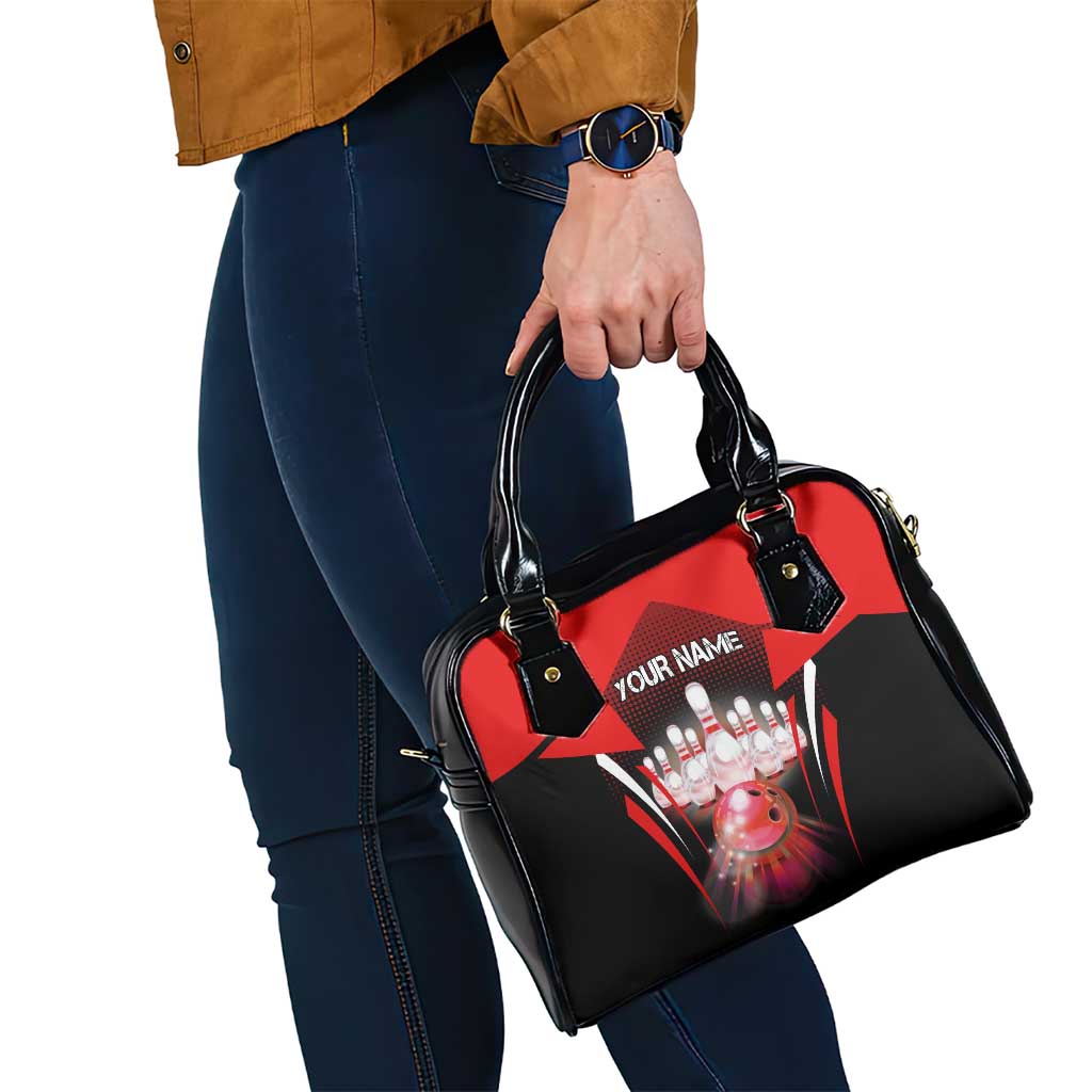 Red Bowling Strike Graphic Shoulder Handbag with Pins and Ball and Custom Name Design TS04