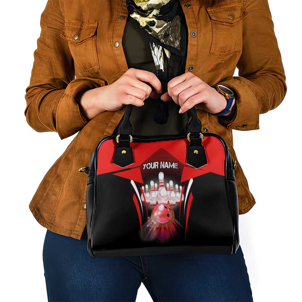 Red Bowling Strike Graphic Shoulder Handbag with Pins and Ball and Custom Name Design TS04