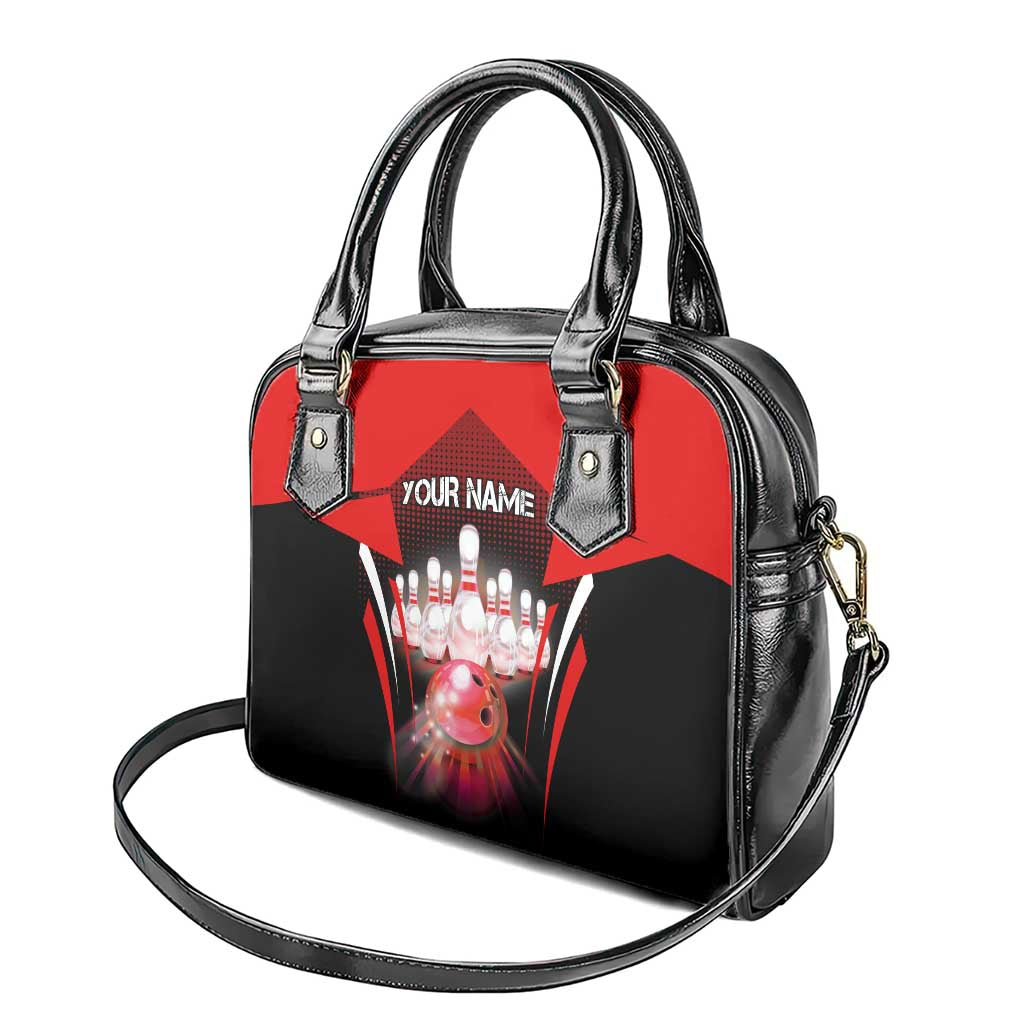 Red Bowling Strike Graphic Shoulder Handbag with Pins and Ball and Custom Name Design TS04