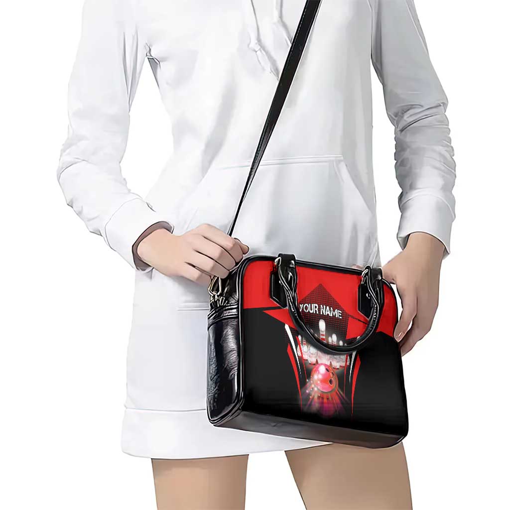 Red Bowling Strike Graphic Shoulder Handbag with Pins and Ball and Custom Name Design TS04
