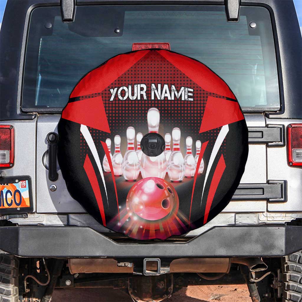 Red Bowling Strike Graphic Spare Tire Cover with Pins and Ball and Custom Name Design TS04