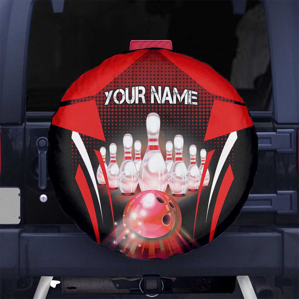 Red Bowling Strike Graphic Spare Tire Cover with Pins and Ball and Custom Name Design TS04
