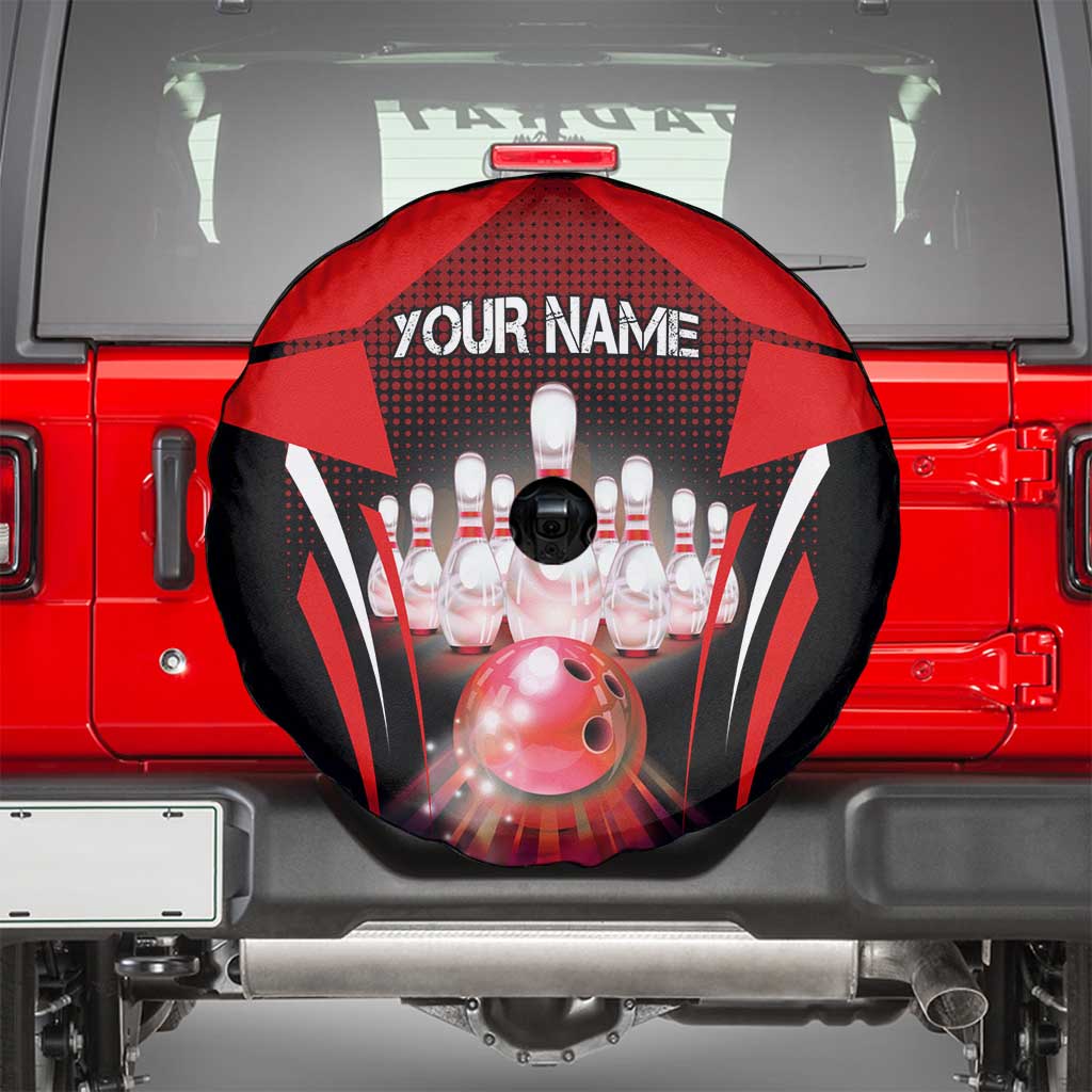 Red Bowling Strike Graphic Spare Tire Cover with Pins and Ball and Custom Name Design TS04