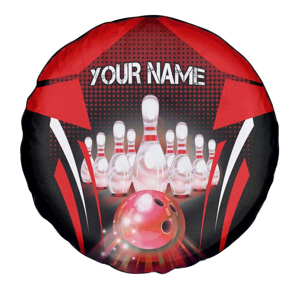 Red Bowling Strike Graphic Spare Tire Cover with Pins and Ball and Custom Name Design TS04