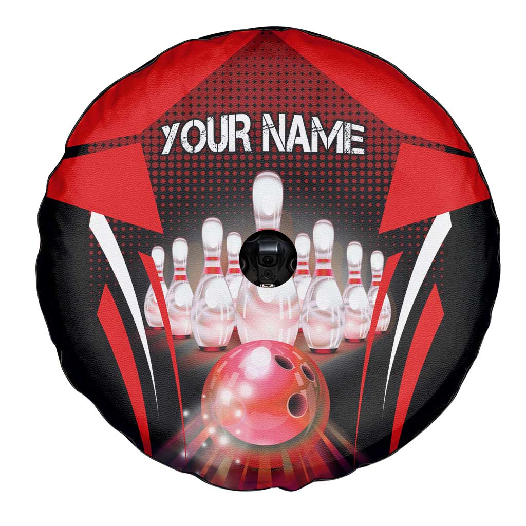 Red Bowling Strike Graphic Spare Tire Cover with Pins and Ball and Custom Name Design TS04