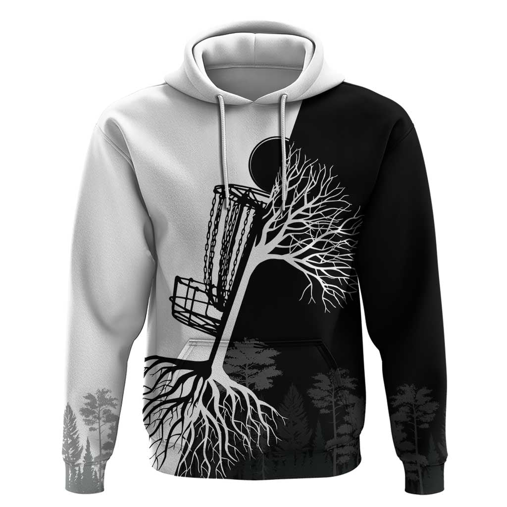 Black and White Disc Golf Tree Graphic Hoodie with Roots Silhouette and Custom Name Design TS04
