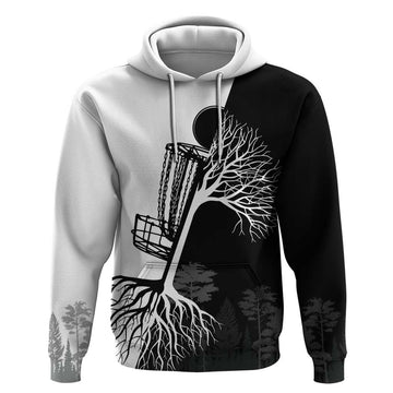 Black and White Disc Golf Tree Graphic Hoodie with Roots Silhouette and Custom Name Design TS04