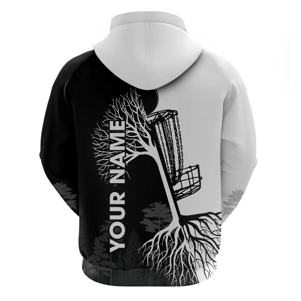 Black and White Disc Golf Tree Graphic Hoodie with Roots Silhouette and Custom Name Design TS04