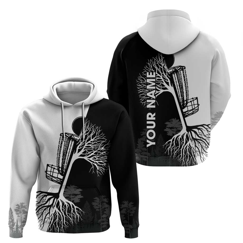 Black and White Disc Golf Tree Graphic Hoodie with Roots Silhouette and Custom Name Design TS04